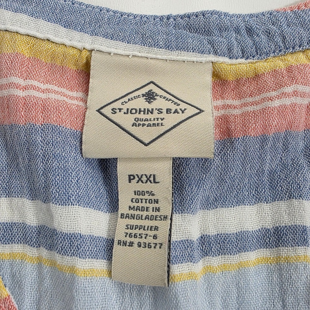 St John's Bay Coastal Stripe V-Neck Cotton Gauze Blouse PXXL Blue Pink Yellow - Picture 3 of 8